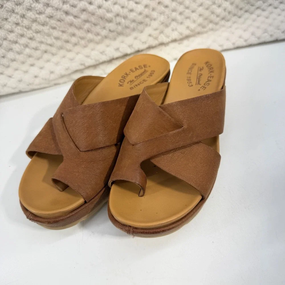 Kork-Ease K66057 Platform Slide Sandals Womens 6 Brown Leather Toe Loop Wedge